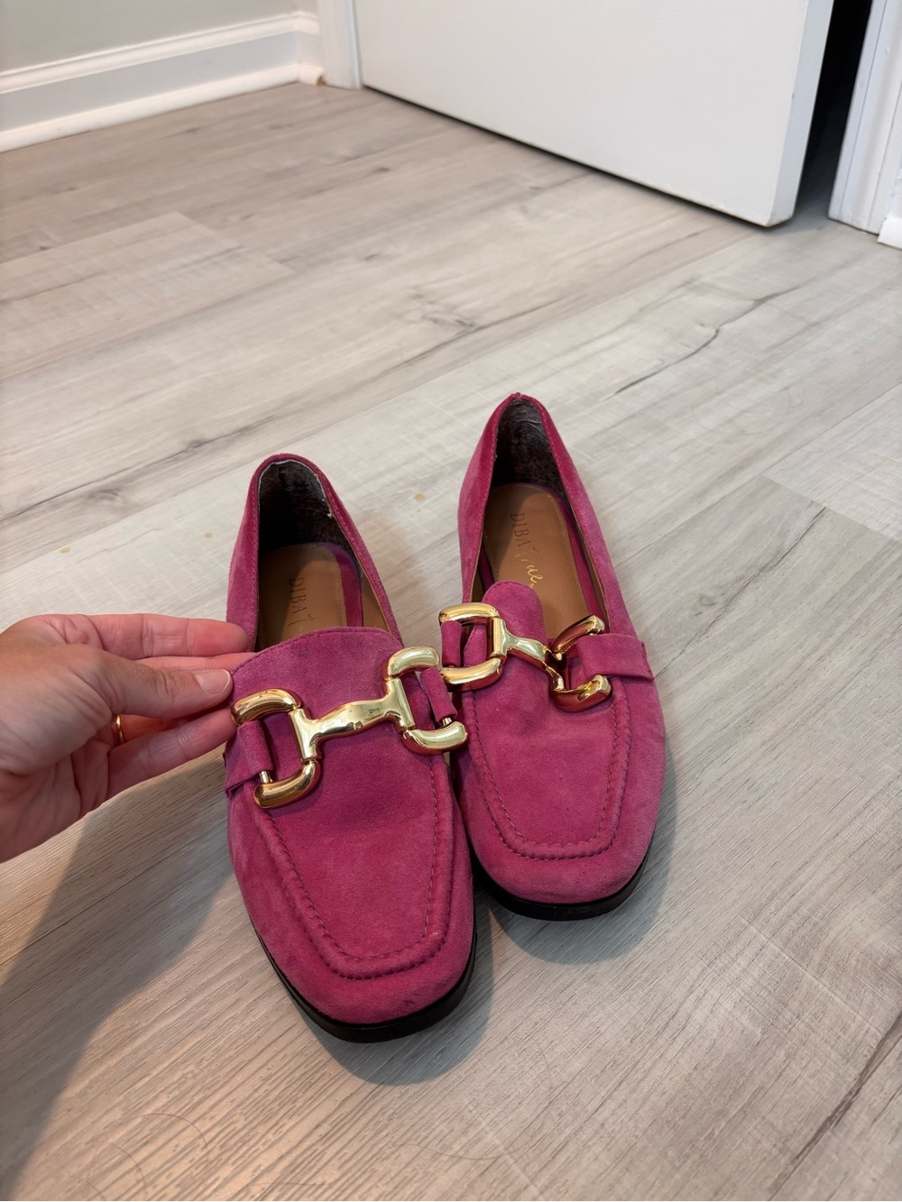 Women's Fuchsia Suede Mules with Gold Horsebit Accent